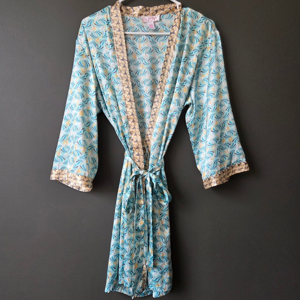 Oscar de la Renta Pink Label Satin Robe S Turquoise Gold Fan Print Kimono Wrap